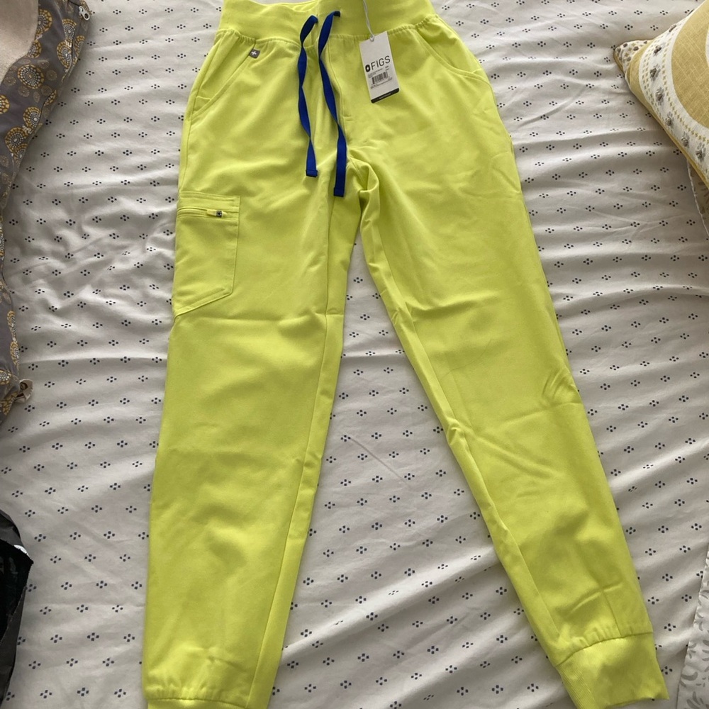 Figs Neon Yellow Joggers with Blue Drawstring